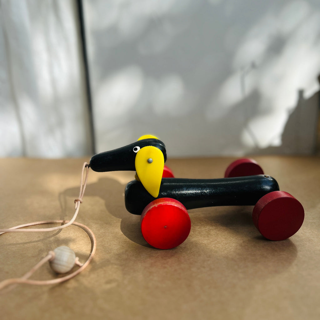 Vintage pull along wooden dachshund