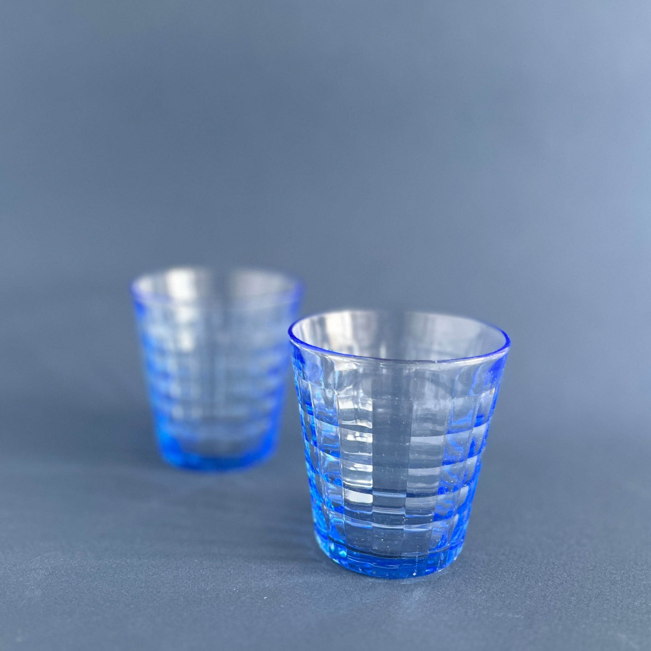 Two vintage blue Duralex glasses