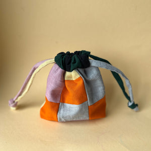 Linen patchwork treasure bag Orange - Light blue
