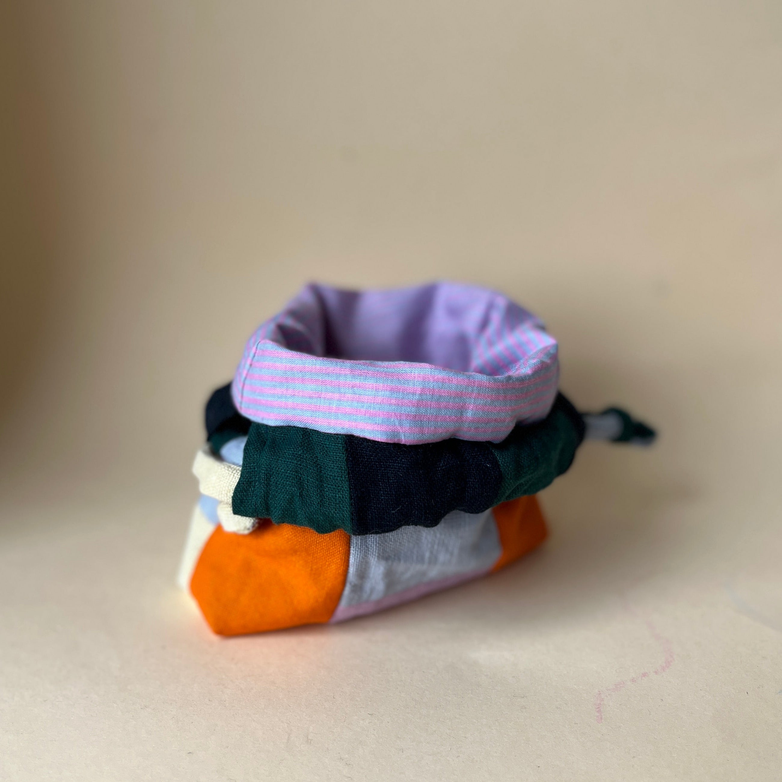 Linen patchwork treasure bag Orange - Light blue