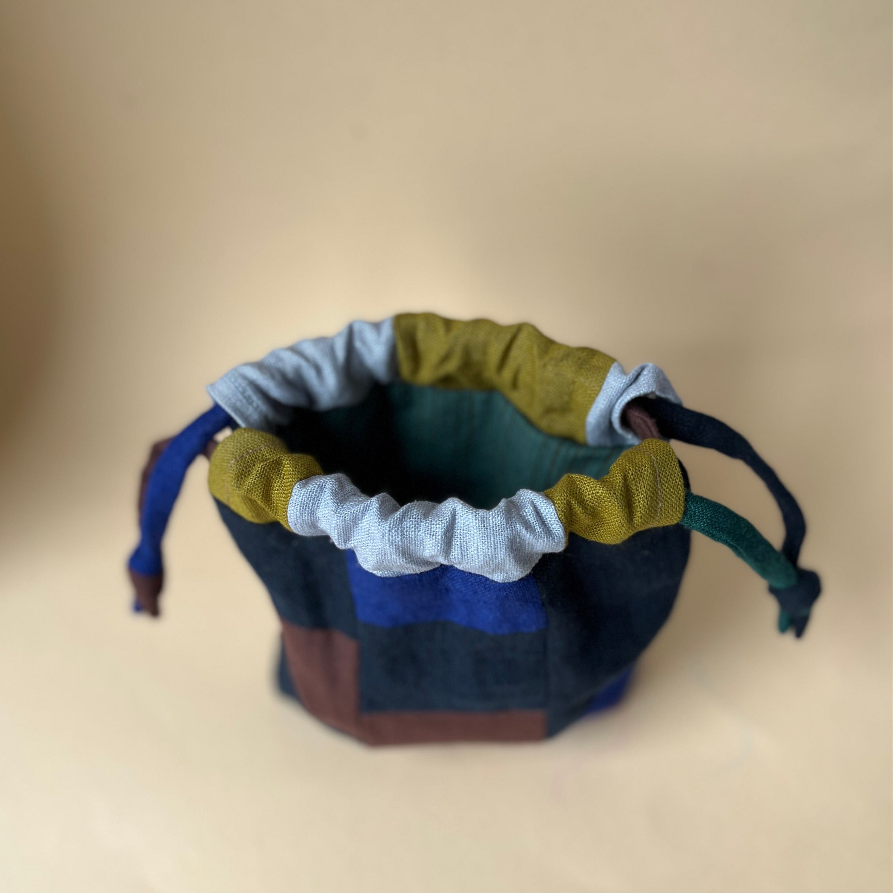 Linen patchwork treasure bag Brown - Blue