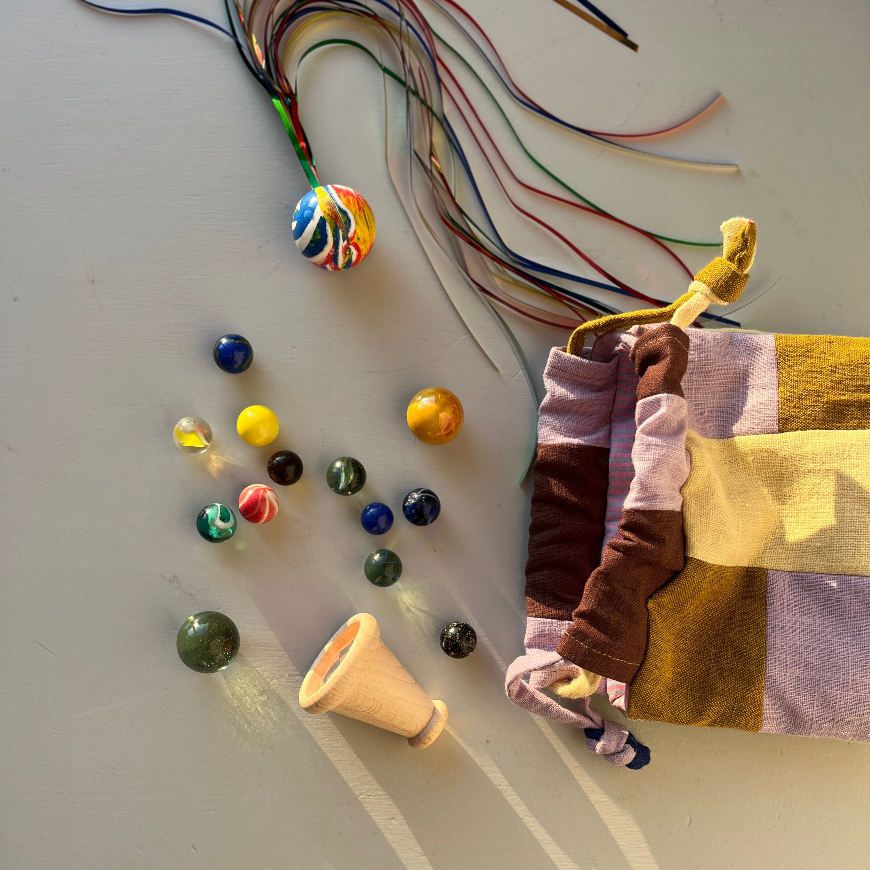 Linen patchwork treasure bag Lila - Butter yellow