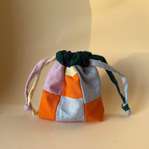 Linen patchwork treasure bag Orange - Light blue