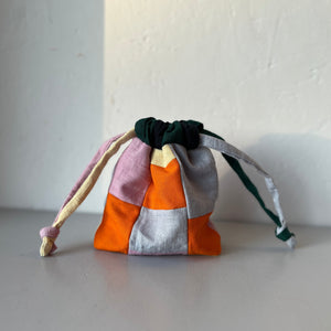 Linen patchwork treasure bag Orange - Light blue