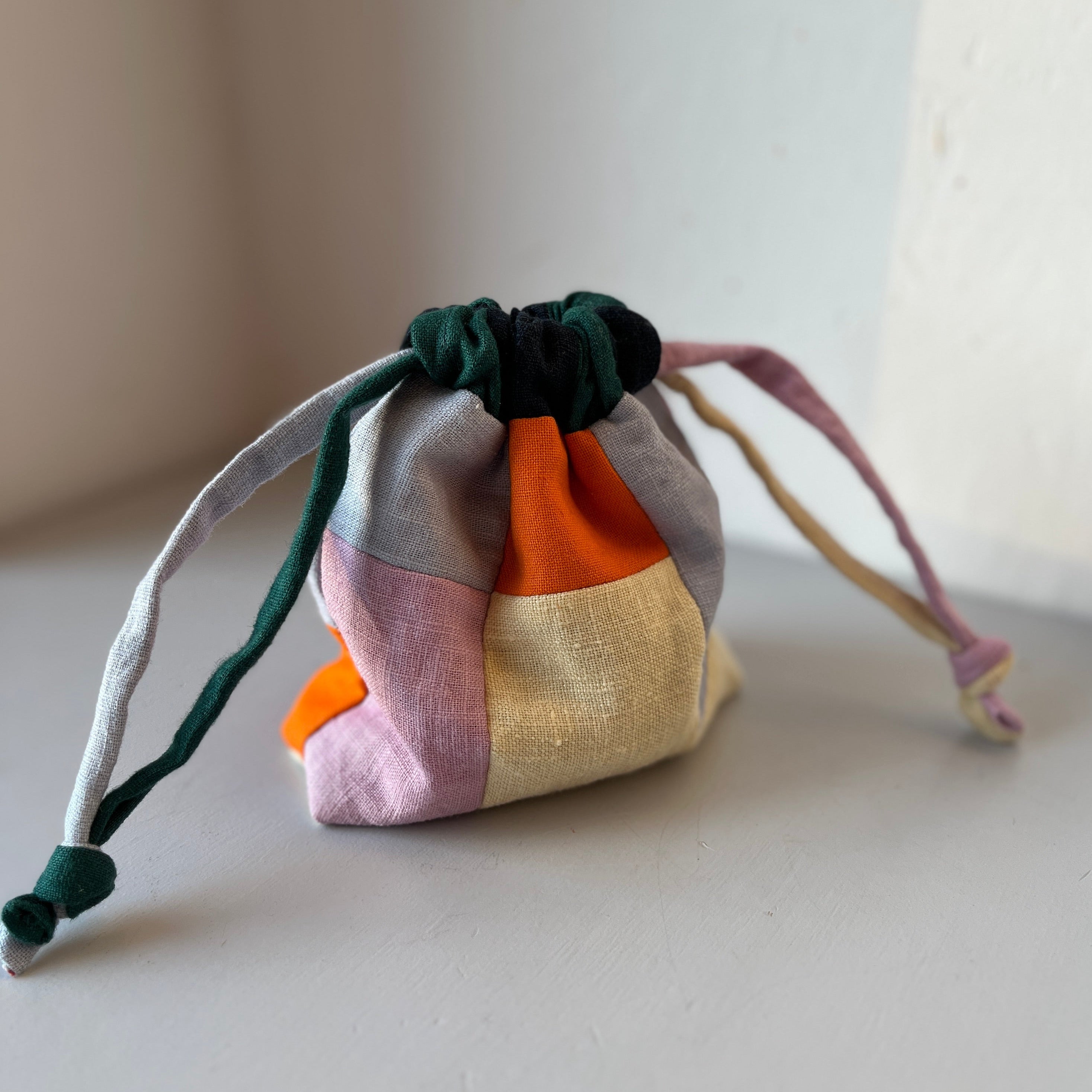 Linen patchwork treasure bag Orange - Light blue