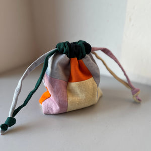 Linen patchwork treasure bag Orange - Light blue